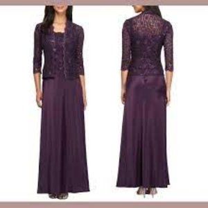 NWT ALEX EVENINGS WOMEN'S 2 PIECE DRESS WITH GLITTER LACE JACKET EGGPLANT 6P